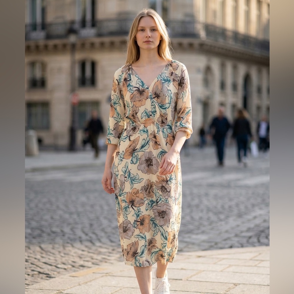Sara Michelle Cream Midi Dress with Teal, Purple & Pink Floral Print